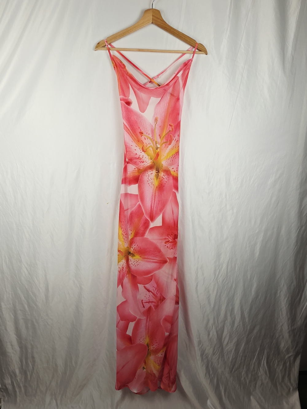 Shein Pink Floral Slip Sheer Floral Spaghetti Crisscross Strap Maxi Dress XS